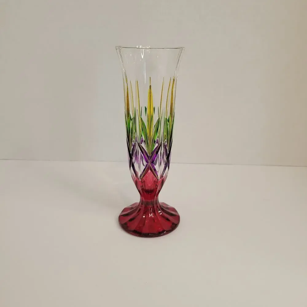 Rainbow Multicolor Art Glass Vase – Heavy, Hand‑Cut, Gold Accents – Unmarked